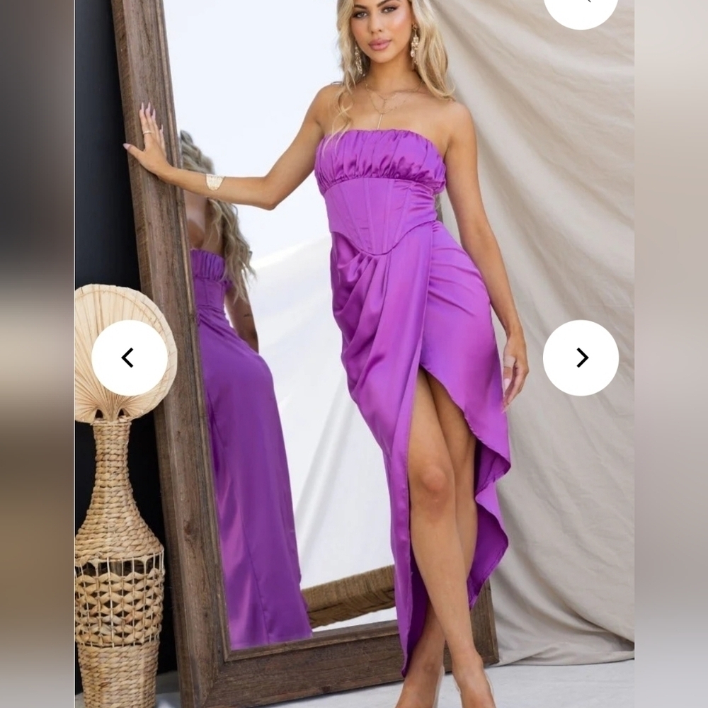 Hello Molly Strapless Basque Waist Corset Ruched Satin Asymmetrical Slit Dress - Picture 2 of 8